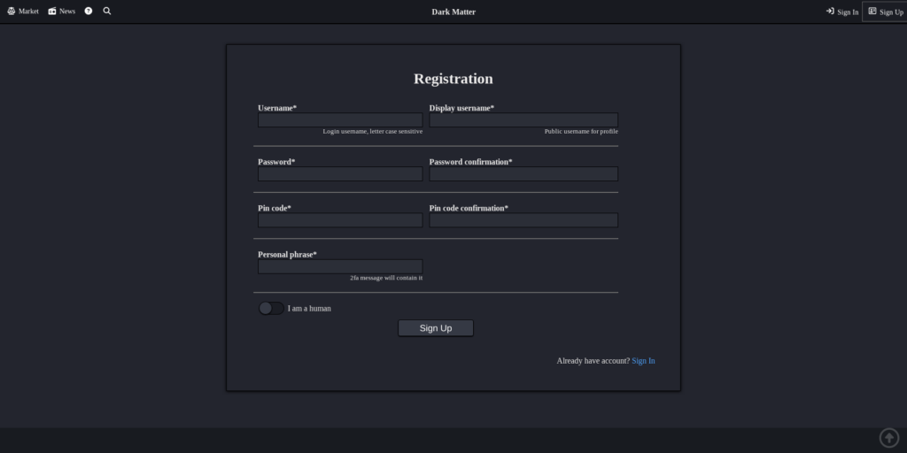 darkmatter account creation page