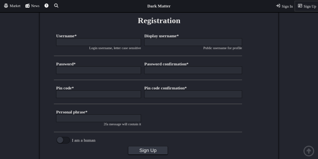 darkmatter signup page