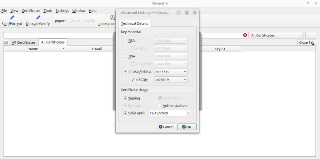 pgp key setup options