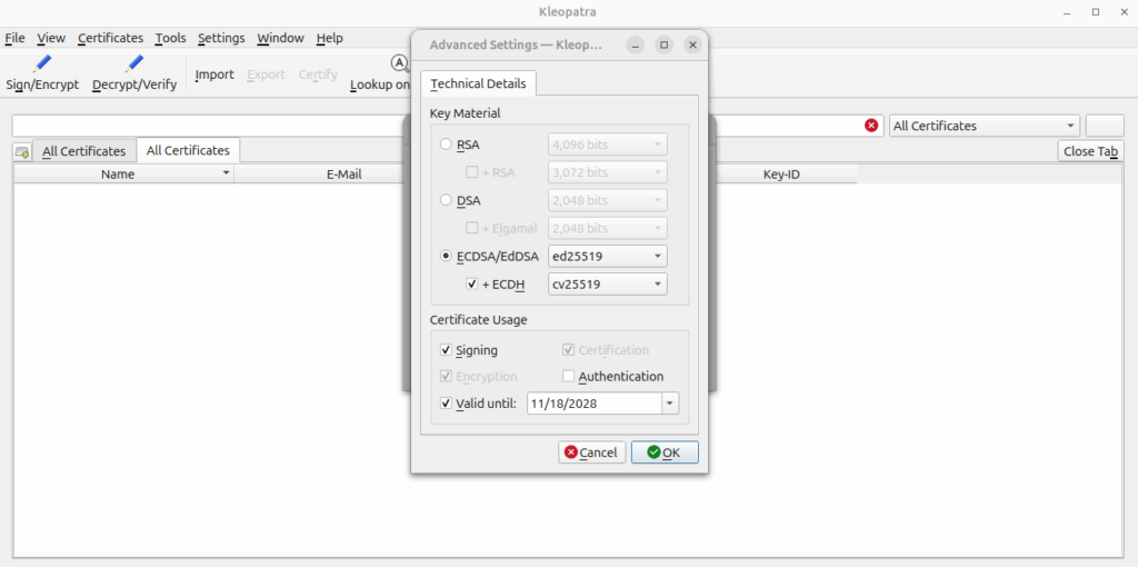 pgp key setup options